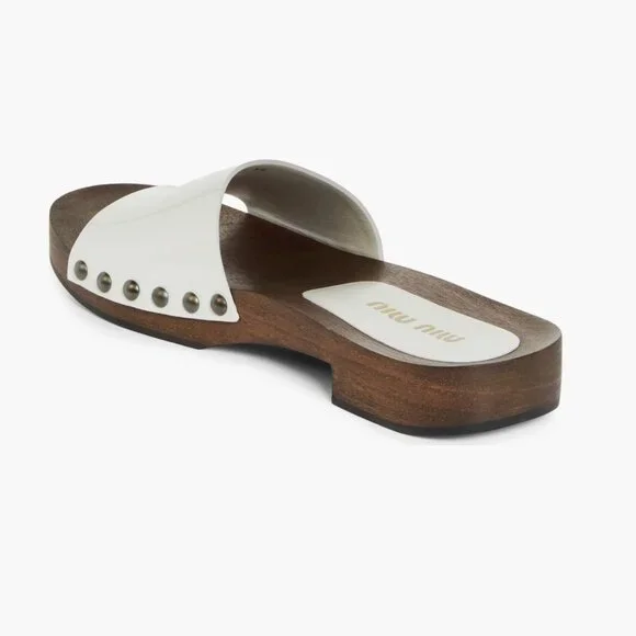 MIU MIU 5Z425E White Patent Leather Wooden Clogs Sandals, sz 38 - Picture 2 of 16